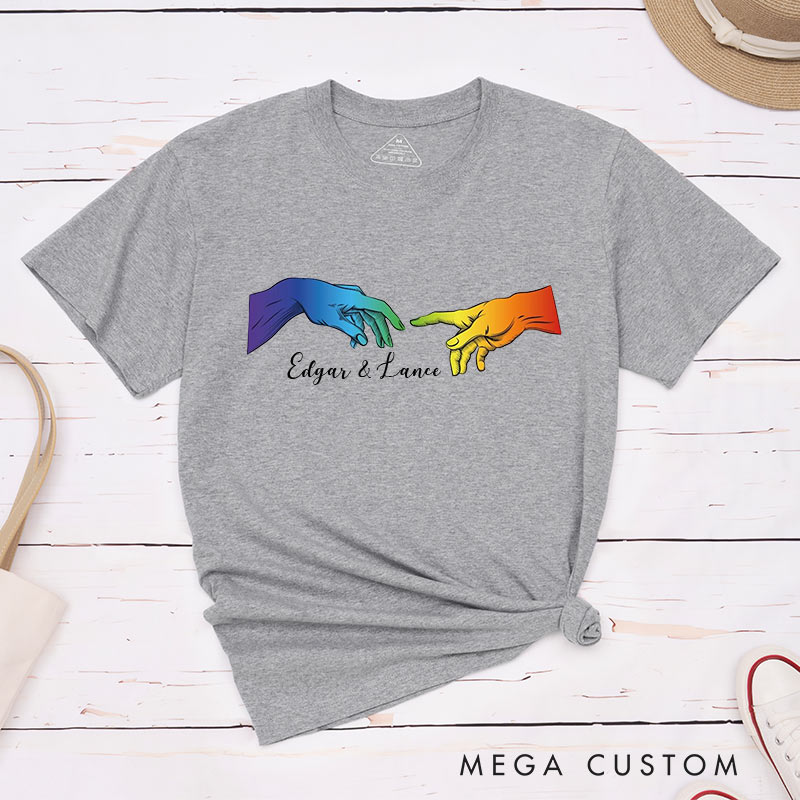 Personalized LGBTQA+ Rainbow Hands Couple T-Shirts LGBTQ Gay Couple Matching Shirt with Name Matching Tee for LGBTQA+