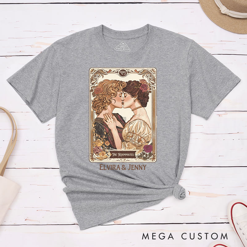 Personalized Romantic Art Lesbian Couple T-Shirts LGBTQA+ Lesbian Couple Matching Shirt for Her Vintage Romance Tee for Lesbian 