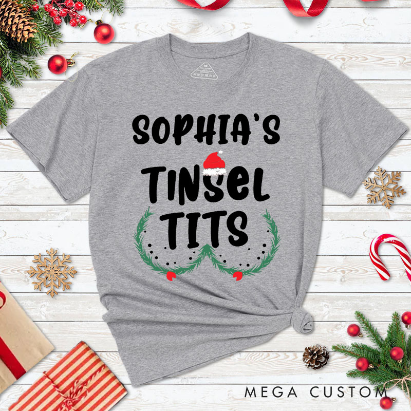 Personalized Couple Humor Jingle Balls and Tinsel Tits with Santa Hat T-Shirt Couple Xmas Matching T-Shirt for Husband Wife Boyfriend Girlfriend Tees