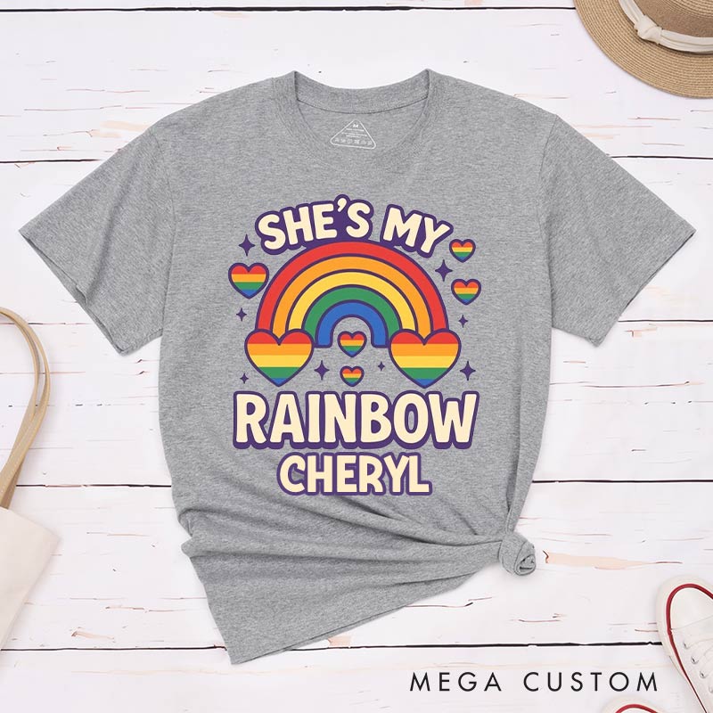 Personalized She's My Pride Rainbow Couple T-Shirts LGBTQ Rainbow Lesbian Matching Rainbow Couple Tee for Lesbian 