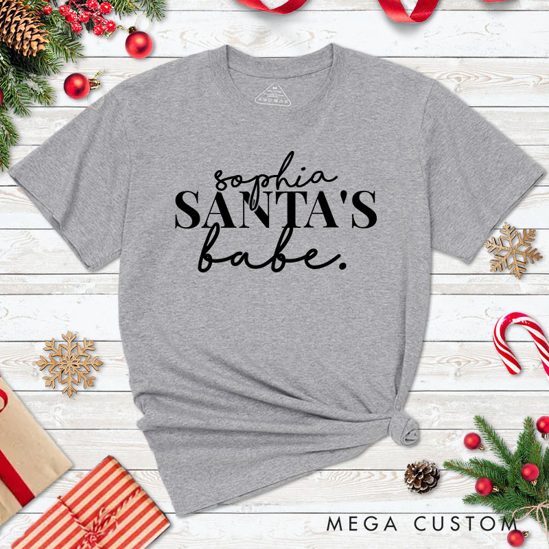 Personalized Couple Santa and Santa's Babe Christmas Matching T-Shirt Couple Xmas T-Shirt for Husband Wife Boyfriend Girlfriend Tee Tops