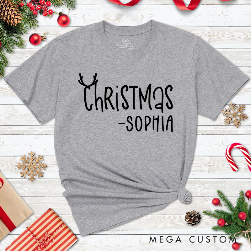 Personalized Couple Merry and Christmas with Antler Christmas Matching T-Shirt Couple Xmas T-Shirt for Husband Wife Boyfriend Girlfriend Tee Tops