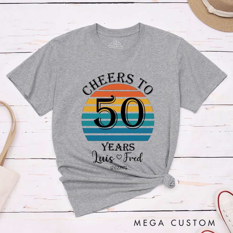 Personalized Couple 50th Anniversary T-Shirt Retro Sunset Anniversary Shirts Cheers to 50 Years T-Shirts for Husband Wife