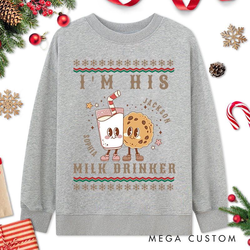 Personalized Couple I'm Her Cookie Eater Christmas Sweatshirt Couple I’m His Milk Drinker Matching Sweatshirt for Husband Wife Boyfriend Girlfriend