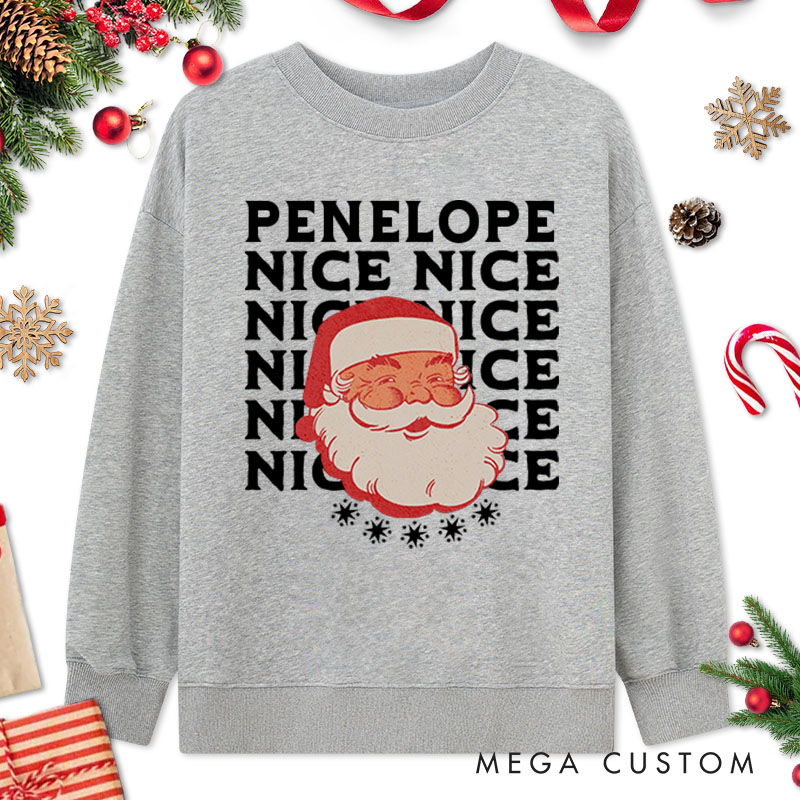 Personalized Couple Naughty and Nice with Santa Christmas Sweatshirt Couple Xmas Matching Crewneck Sweatshirt for Husband Wife Boyfriend Girlfriend