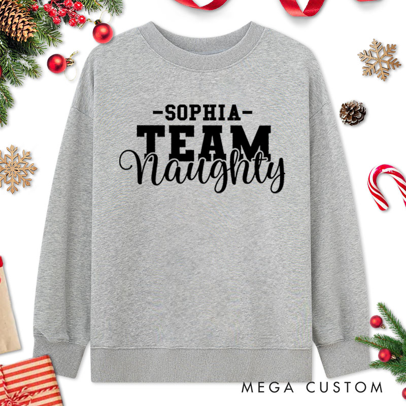 Personalized Couple Team Nice and Team Naughty Christmas Sweatshirt Couple Xmas Matching Crewneck Sweatshirt for Husband Wife Boyfriend Girlfriend