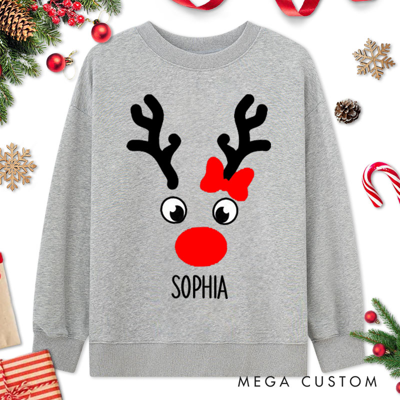 Personalized Couple Cute Christmas Reindeer Matching Sweatshirt with Name Couple Xmas Antler Crewneck Sweatshirt for Husband Wife Boyfriend Girlfriend