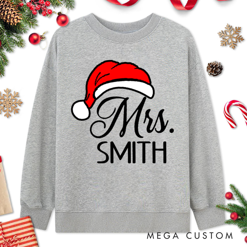 Personalized Couple Mr. and Mrs. with Santa Hats Christmas Sweatshirt Couple Xmas Matching Crewneck Sweatshirt for Husband Wife Boyfriend Girlfriend