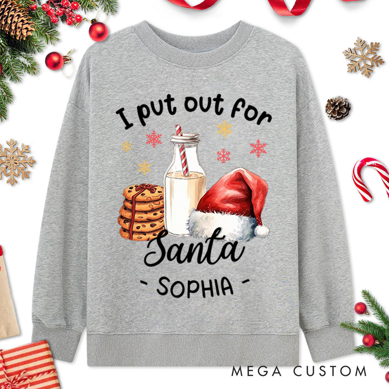 Personalized Couple Santa and I Put Out for Santa Christmas Sweatshirt Couple Xmas Milk and Cookie Sweatshirt for Husband Wife Boyfriend Girlfriend