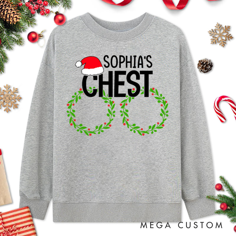 Personalized Couple Fun Nuts and Chest with Santa Hat Sweatshirt Couple Xmas Ball and Wreath Crewneck Sweatshirt for Husband Wife Boyfriend Girlfriend