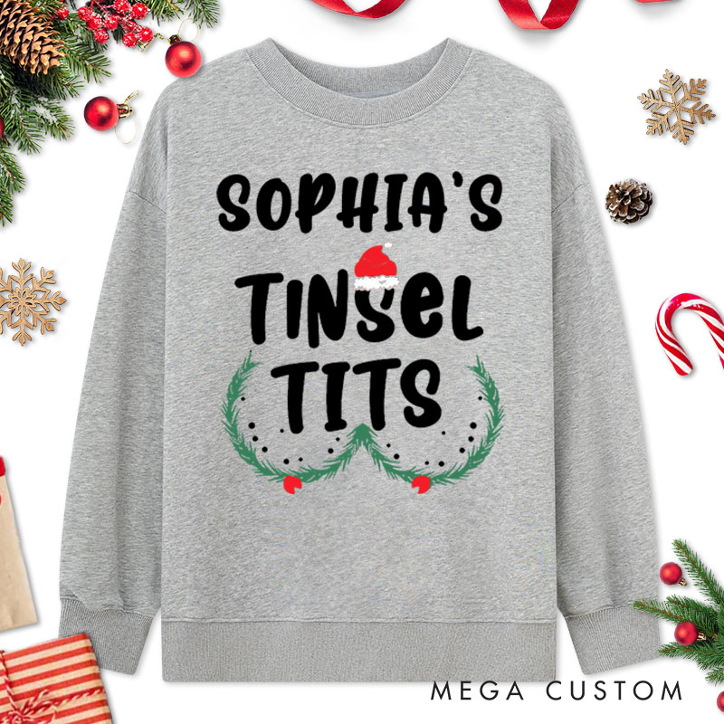 Personalized Couple Humor Jingle Balls and Tinsel Tits with Santa Hat Sweatshirt Xmas Ball and Wreath Sweatshirt for Husband Wife Boyfriend Girlfriend