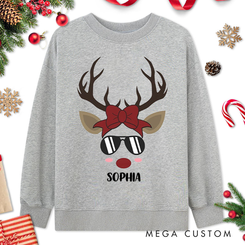 Personalized Couple Cool Reindeer with Sunglasses Christmas Sweatshirt Couple Chic Reindeer with Bow Sweatshirt for Husband Wife Boyfriend Girlfriend
