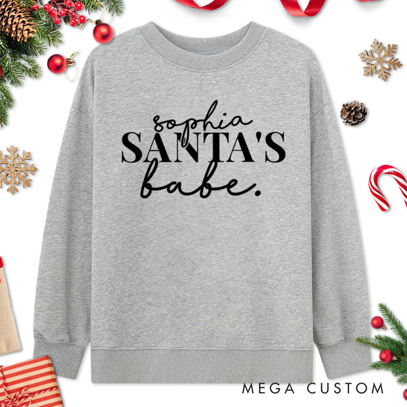 Personalized Couple Santa and Santa's Babe Christmas Sweatshirt Couple Xmas Matching Crewneck Sweatshirt for Husband Wife Boyfriend Girlfriend