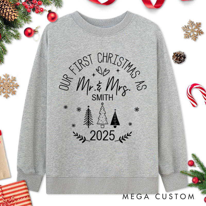 Personalized Couple Our First Christmas as Mr. & Mrs. Sweatshirt with Name Couple Xmas Tree Matching Crewneck Sweatshirt for Husband Wife Hubby Wifey