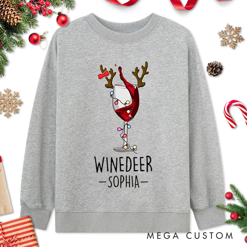 Personalized Couple Reinbeer and Winedeer Christmas Sweatshirt Couple Xmas Antlers Matching Sweatshirt for Husband Wife Boyfriend Girlfriend