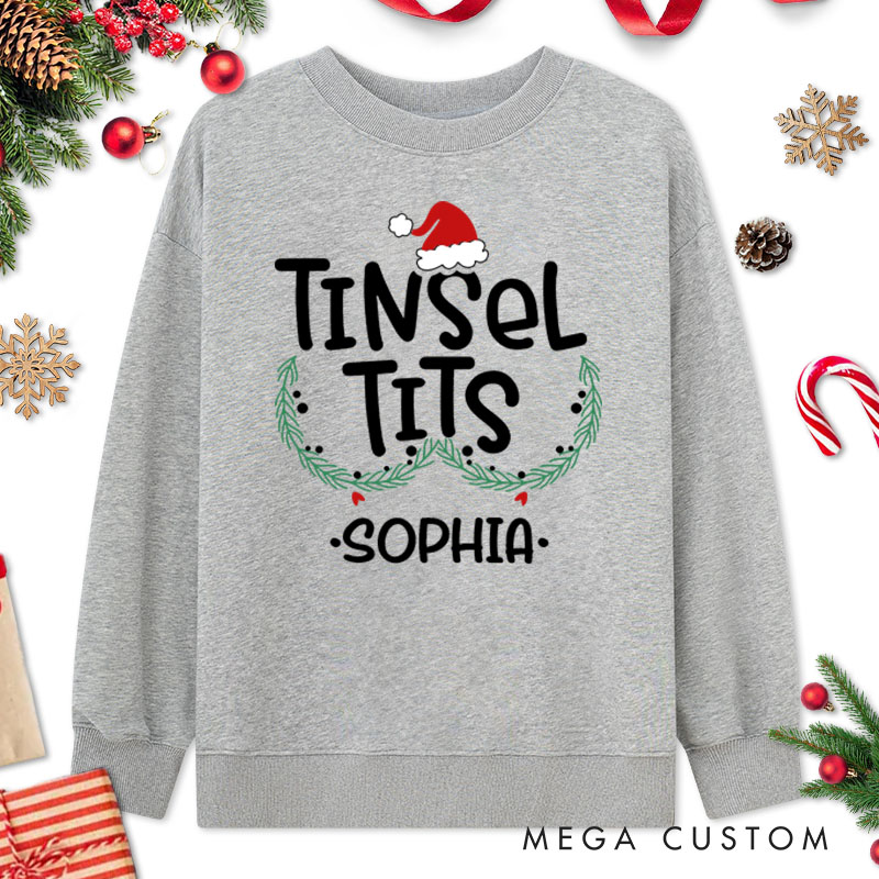 Personalized Couple Cute Jingle Balls and Tinsel Tits Christmas Sweatshirt Xmas Fun Ball and Wreath Sweatshirt for Husband Wife Boyfriend Girlfriend