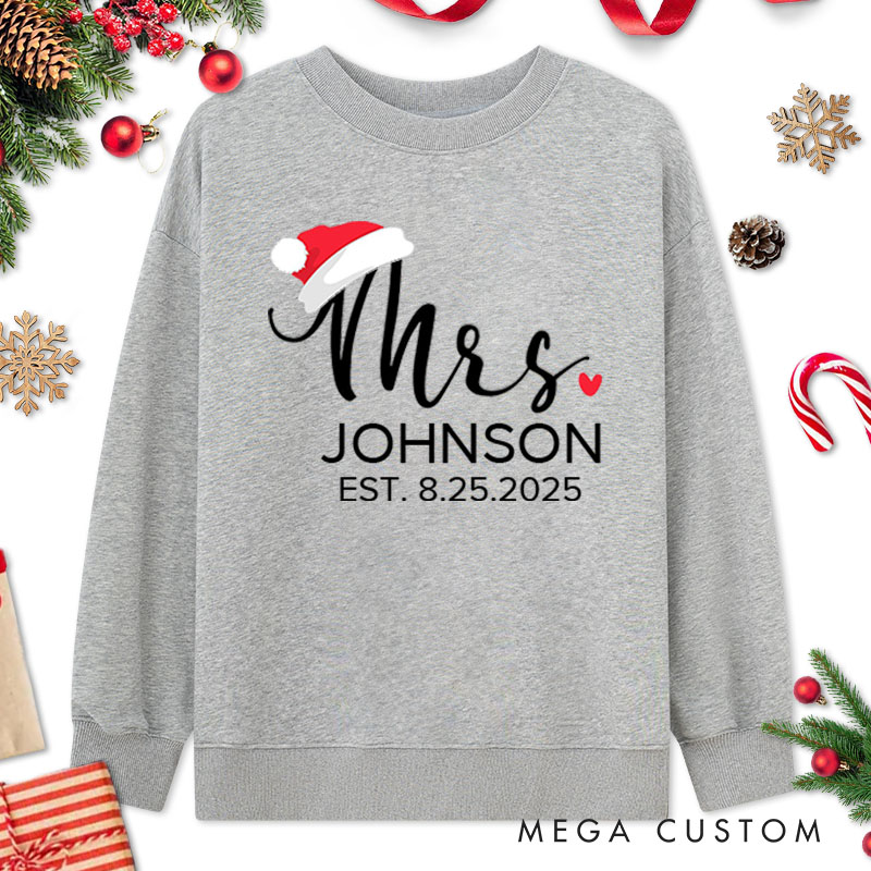 Personalized Couple Mr. and Mrs. with Santa Hats and Heart Christmas Sweatshirt Couple Xmas Matching Sweatshirt for Husband Wife Boyfriend Girlfriend