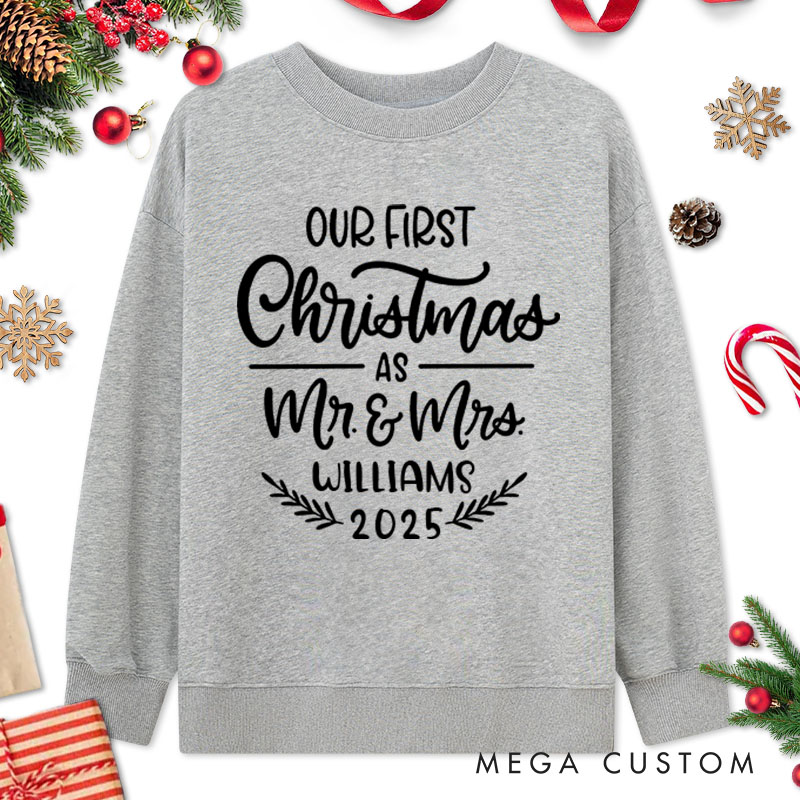 Personalized Couple Our First Christmas as Mr. and Mrs with Wreath Sweatshirt Couple Xmas Matching Crewneck Sweatshirt for Husband Wife Hubby Wifey