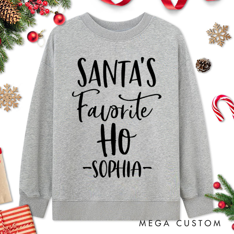 Personalized Couple Santa and Santa's Favorite Ho Christmas Sweatshirt with Name Couple Xmas Matching Sweatshirt for Husband Wife Boyfriend Girlfriend