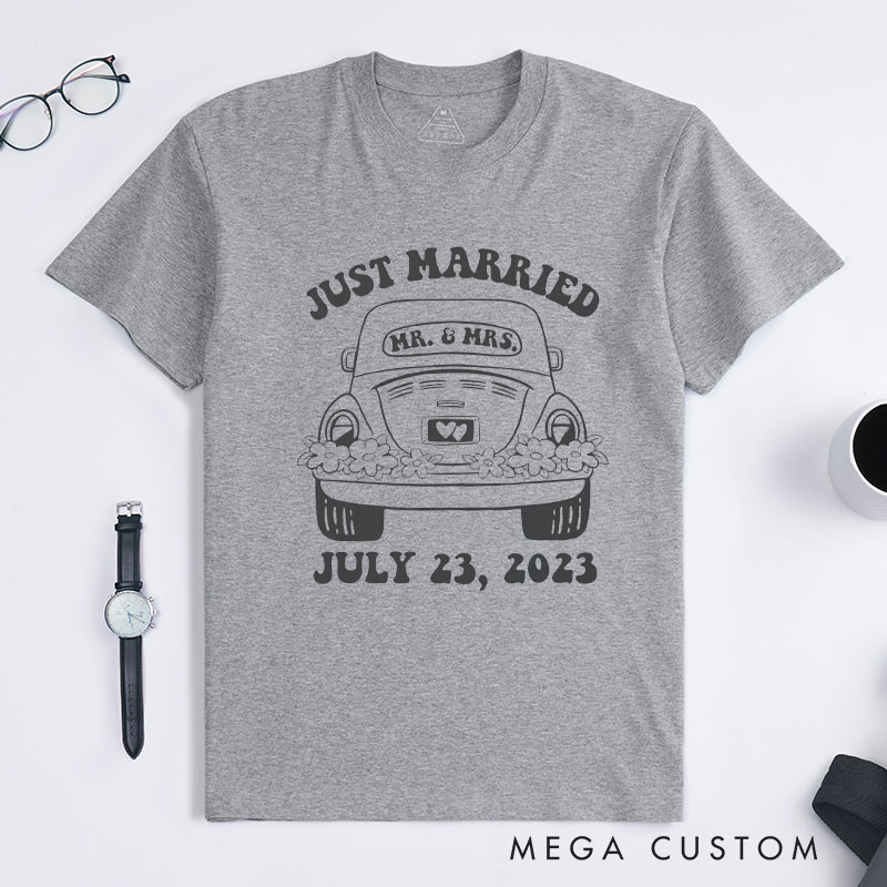 Personalized "Just Married" T-Shirt Couple Wedding Date Anniversary Gift Shirt Wife Husband Tops for Anniversary Gift for Her Him