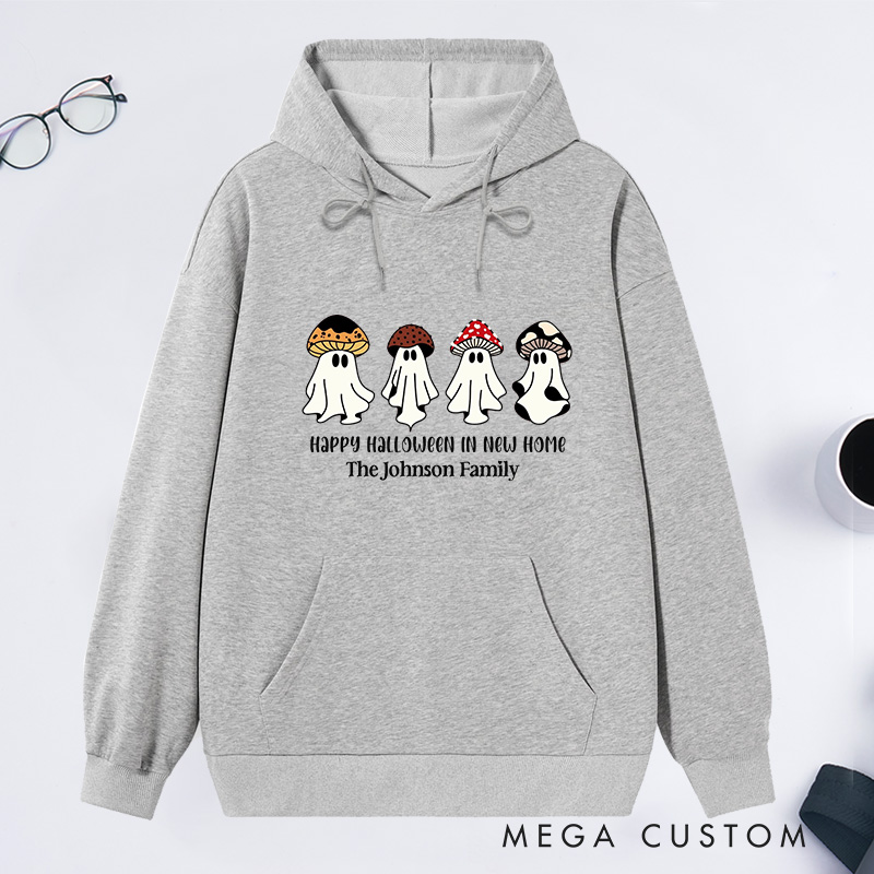 Personalized Hoodie Happy Halloween in New Home Design Custom Family Name Comfortable Sweatshirt for Housewarming Holiday Gift Halloween Theme