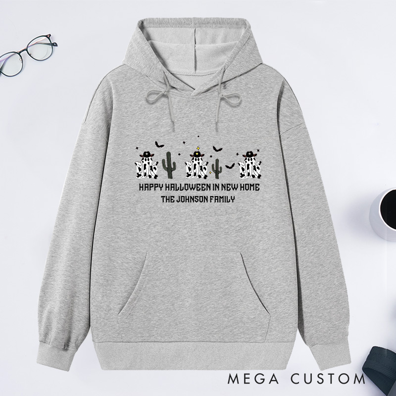 Personalized Hoodie Happy Halloween in New Home Design Custom Family Name Ghost and Cactus Theme Sweatshirt for Housewarming Holiday Gift