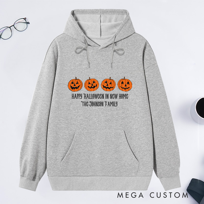 Personalized Hoodie Happy Halloween in New Home Design Custom Family Name Pumpkin Theme Comfortable Sweatshirt for Housewarming Halloween Gift