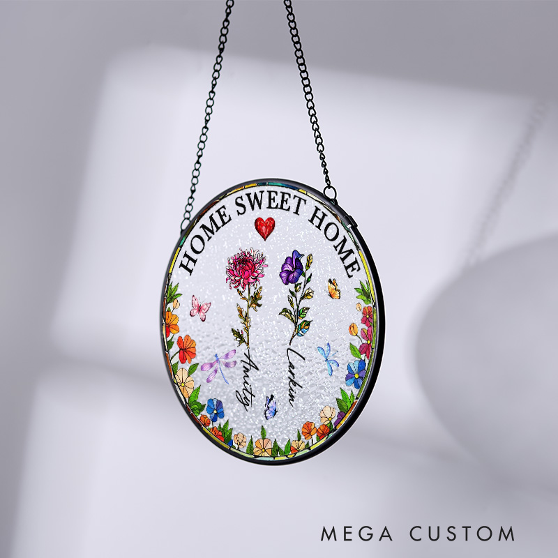 Personalized Housewarming Suncatcher Home Sweet Home Design Custom Names and Floral Suncatcher New Home Decor for Couple Gifts for Newlyweds