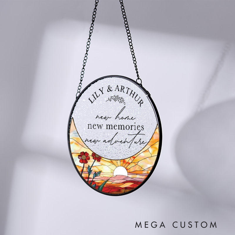 Personalized Housewarming Suncatcher New Home New Memories New Adventure Design Custom Names and Sunset Theme Stained Glass Style Decorative Gift