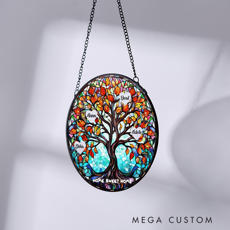 Personalized Housewarming Suncatcher Home Sweet Home Design Family Tree Theme with Custom Names Stained Glass Style Decorative Gift