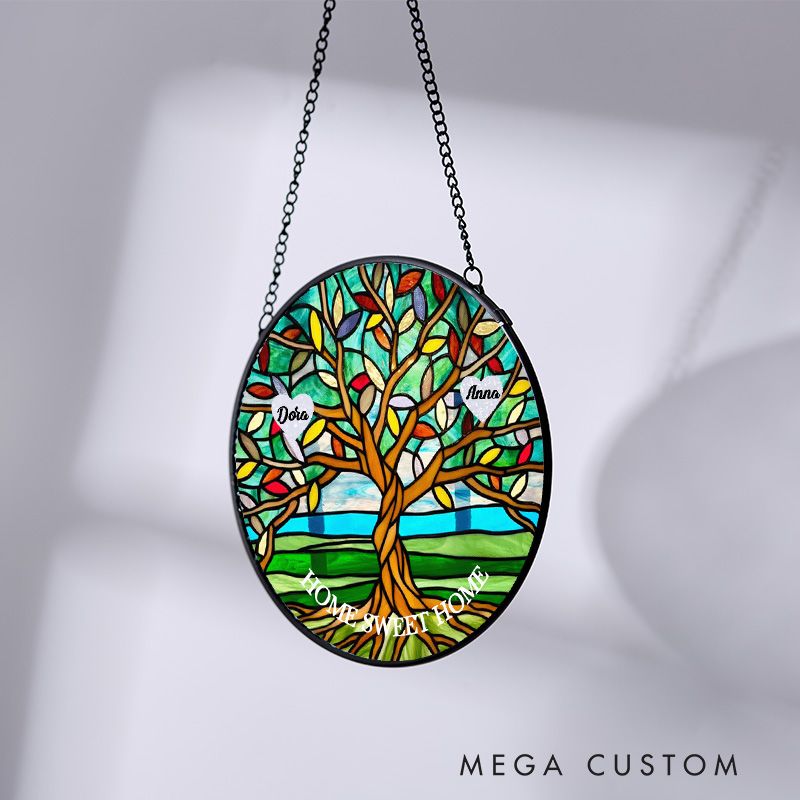 Personalized Housewarming Suncatcher Home Sweet Home Design Vibrant Family Tree Theme with Custom Names Stained Glass Style Decorative Gift