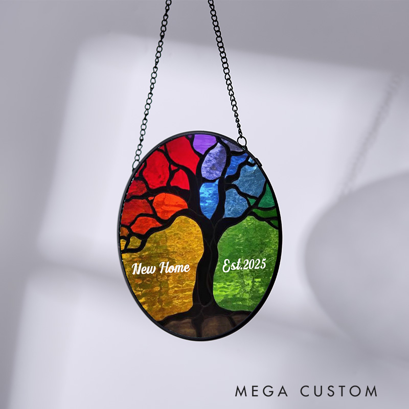 Personalized Housewarming Suncatcher New Home Est 2025 Design Colorful Tree Theme Stained Glass Style Decorative Gift Housewarming Window Hanging