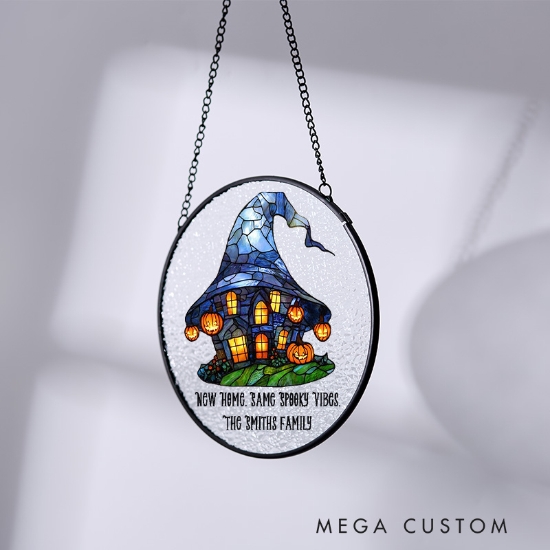 Personalized Witch Hat House Glass Suncatcher Window Hanging Decoration Halloween Home Decor with Pumpkins Fall Window Ornament New Home Decor