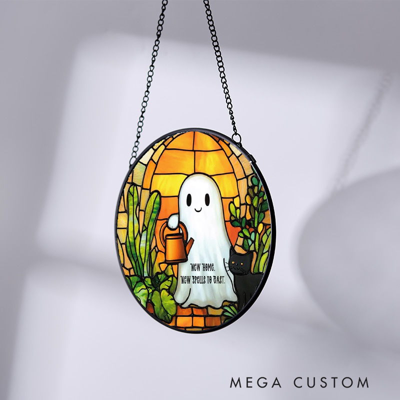 Personalized Housewarming Suncatcher New Home New Spells to Cast Design Cute Ghost and Black Cat Theme Stained Glass Style Decorative Gift Halloween
