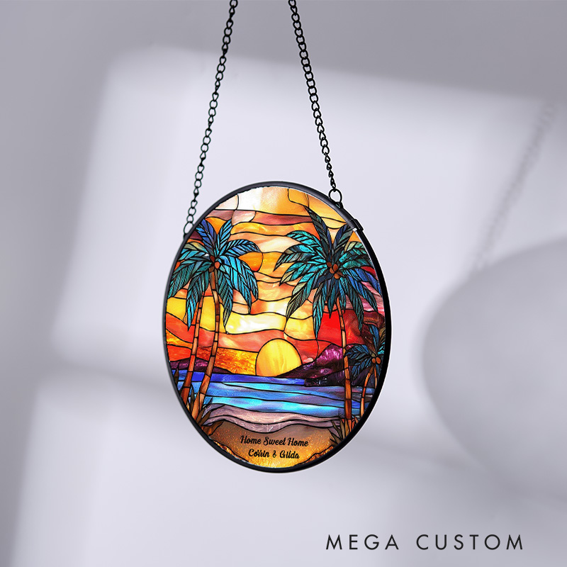 Personalized Sunset Beach Stained Glass Suncatcher Beach Glass Window Hangings Beach House Decor Holiday Gifts Housewarming Gift for Mom Grandma