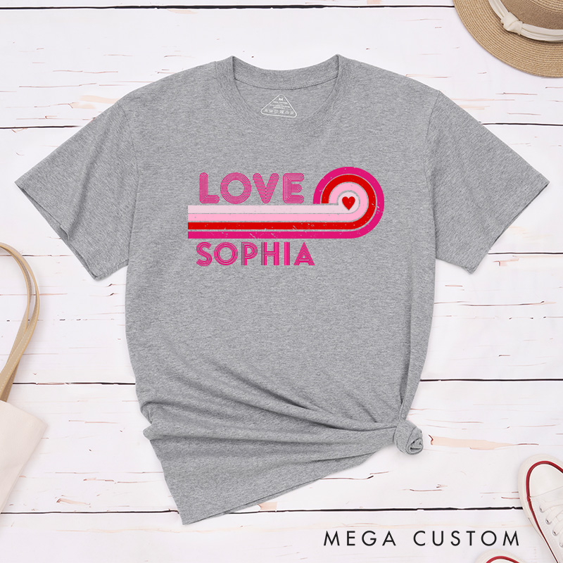 Personalized Retro Couple Pink Love with Heart Matching T-Shirt Valentine's Day Hubby and Wifey T-Shirt for Husband Wife Boyfriend Girlfriend Gift