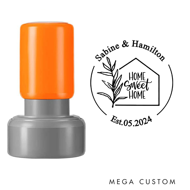 Personalized Round Housewarming Stamp Home Sweet Home Design Custom Names Established Date and Leaf Motif Decorative Stamp for New Homeowner