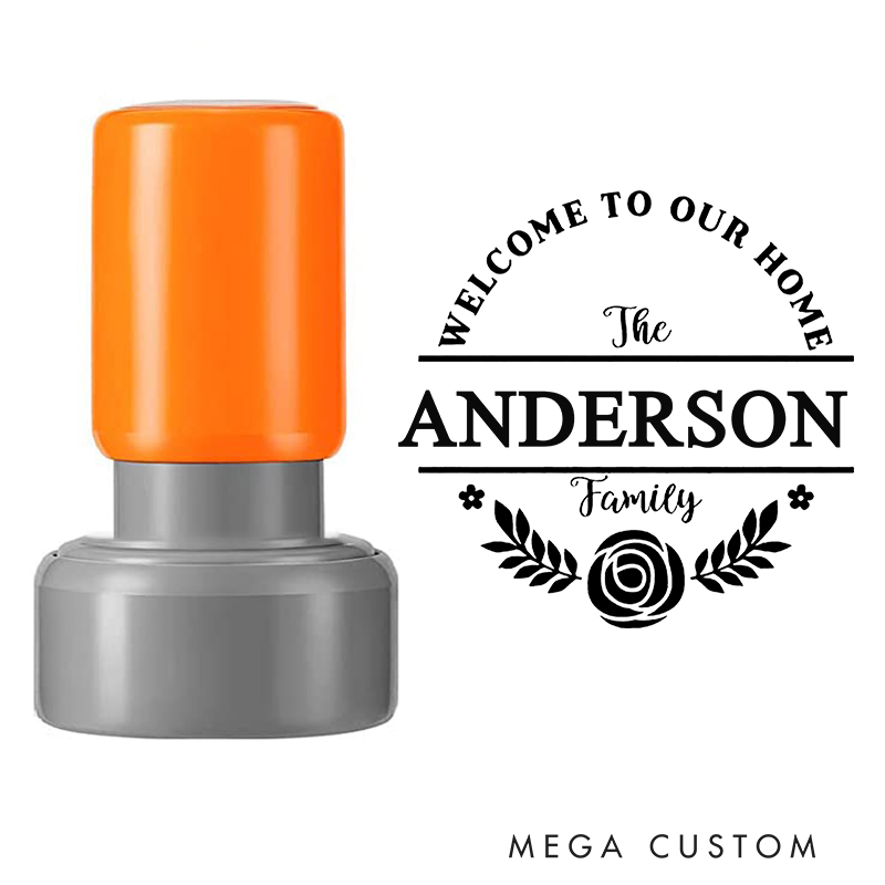 Personalized Round Housewarming Stamp Welcome to Our Home Design Custom Family Name Floral Motif Decorative Stamp for New Homeowners and Keepsakes