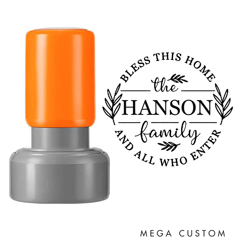Personalized Round Housewarming Stamp Bless This Home and All Who Enter Design Custom Family Name Leaf Motif Decorative Stamp for New Homeowners