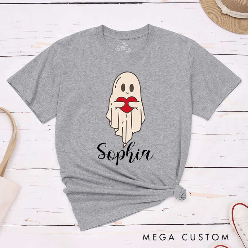 Personalized Couple Ghost Holding Heart Matching T-Shirt Valentine's Day Hubby and Wifey T-Shirt for Husband Wife Boyfriend Girlfriend Gift