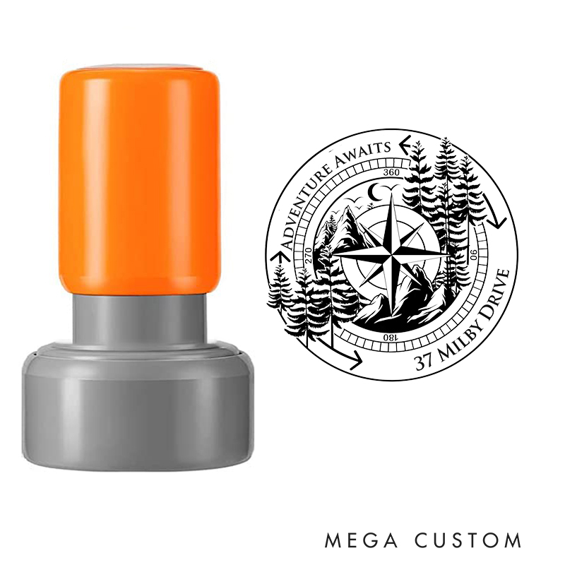 Personalized Stamp Adventure Awaits Compass Design Custom Address Mountain and Forest Theme Decorative Stamp for New Homeowners and Gifts