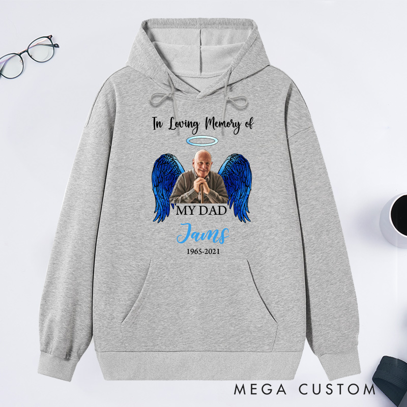 Personalized in Loving Memory Hoodie Custom Photo Name Date Sympathy Gift for Loss of Father Angel Wings Sweatshirt 