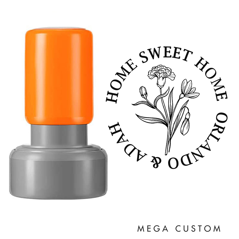 Personalized Round Housewarming Stamp Home Sweet Home Design January Birth Flower Carnation Custom Names Decorative Stamp for New Homeowners and Gift