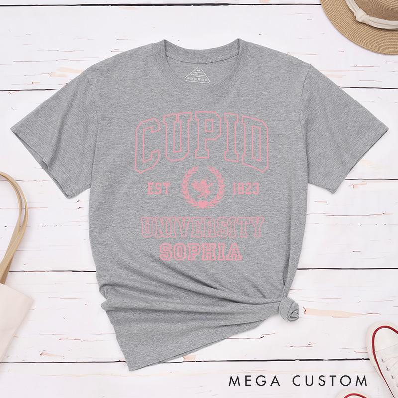 Personalized Couple Cupid University Matching T-Shirt Valentine's Day Hubby and Wifey T-Shirt for Husband Wife Boyfriend Girlfriend Gift