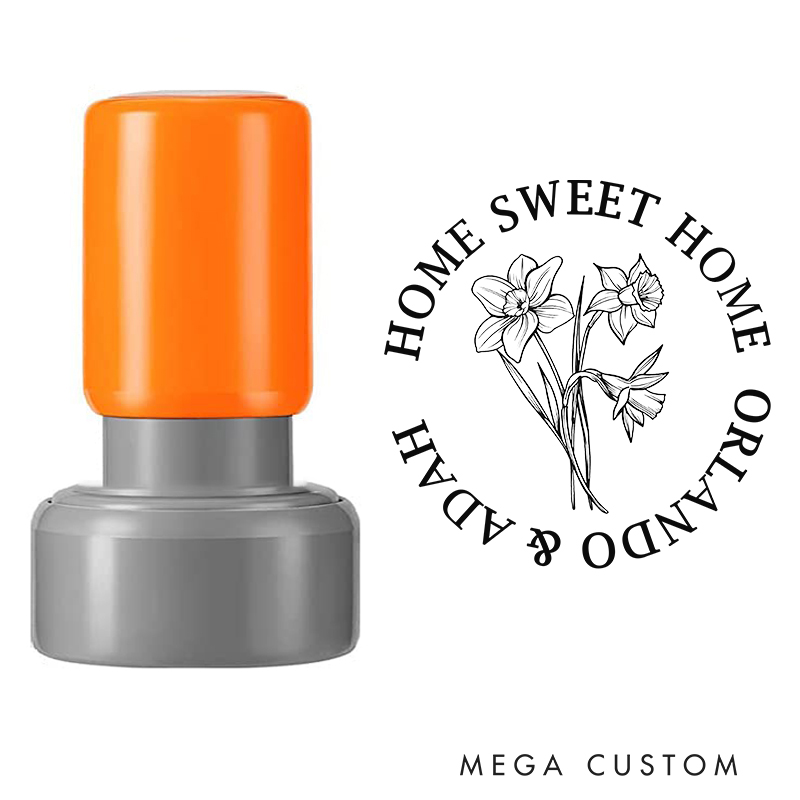 Personalized Round Housewarming Stamp Home Sweet Home Design March Birth Flower Daffodil Custom Names Decorative Stamp for New Homeowners and Gifts