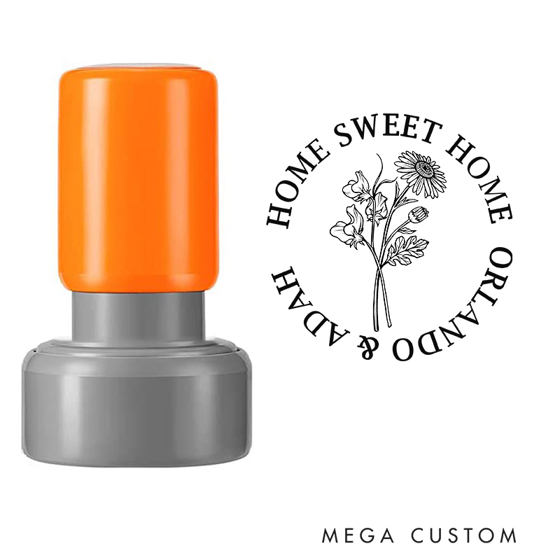 Personalized Stamp Home Sweet Home Design April Birth Flower Daisy and Sweet Pea Custom Names Decorative Stamp for New Homeowners and Gifts