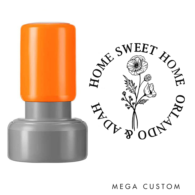 Personalized Stamp Home Sweet Home Design August Birth Flower Poppy and Gladiolus Custom Names Decorative Stamp for New Homeowners Gifts