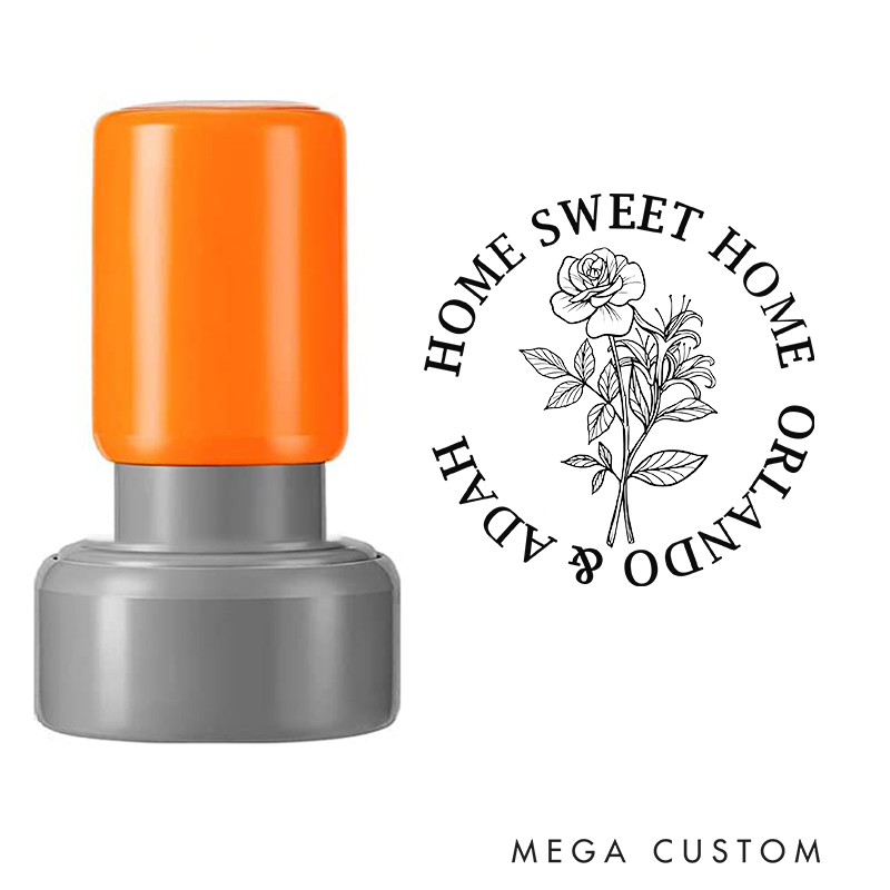 Personalized Round Housewarming Stamp Home Sweet Home Design October Birth Flower Marigold Custom Names Decorative Stamp for New Homeowners Gifts