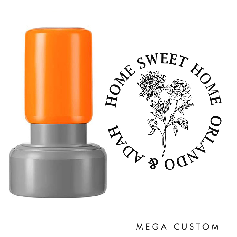 Personalized Round Housewarming Stamp Home Sweet Home Design November Birth Flower Chrysanthemum Custom Names Decorative Stamp for New Homeowners Gift
