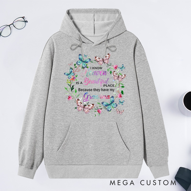 Personalized Heaven Beautiful Place Grandma Hoodie Butterfly Wreath Design Sympathy Gift for Loss of Grandma Tribute